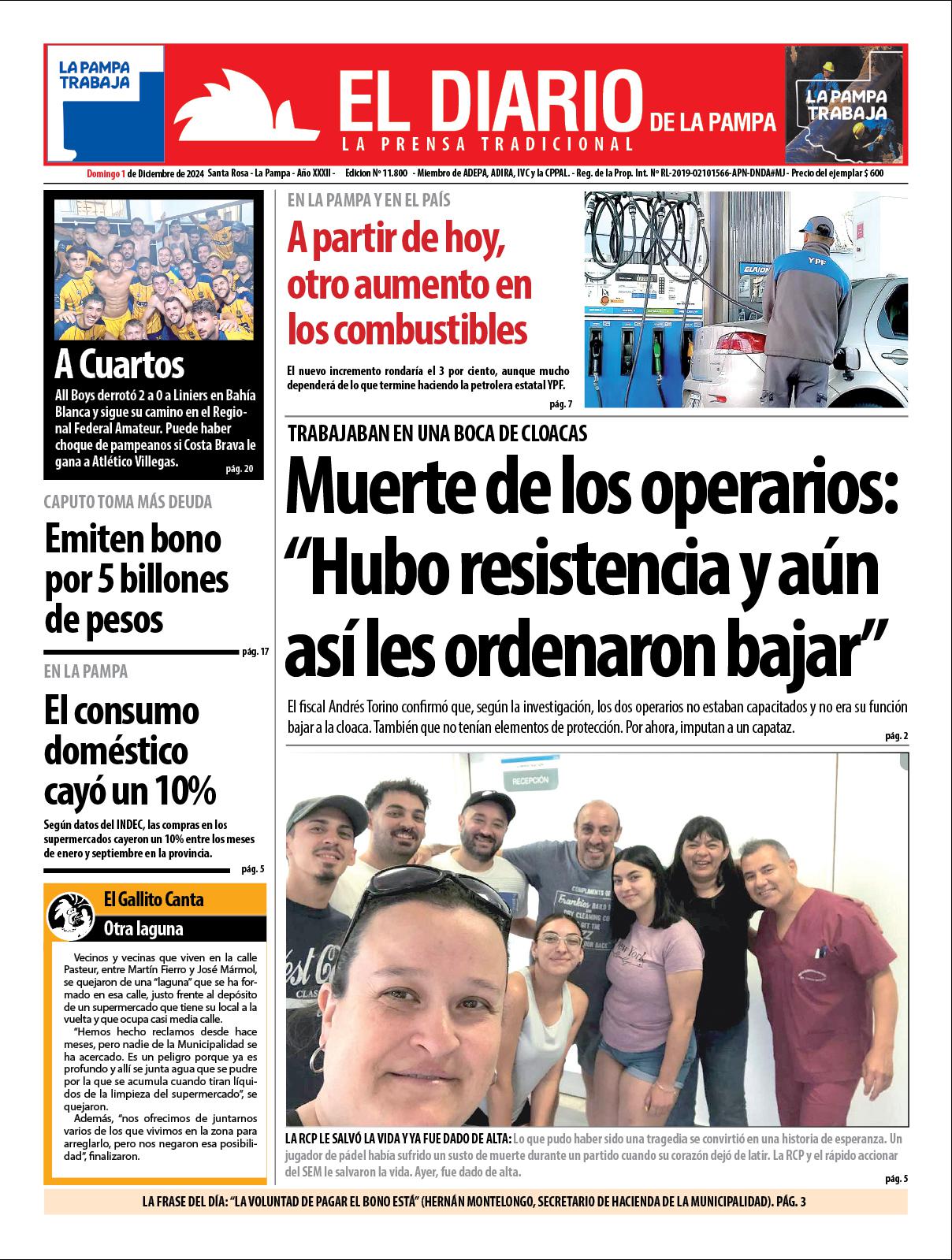 Tapa de El Diario en papel  domingo 01 de diciembre de 2024